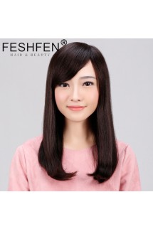 FESHFEN真發(fā)假發(fā)中長發(fā)梨花頭真人發(fā)絲時尚女士逼真機制手織頭套
